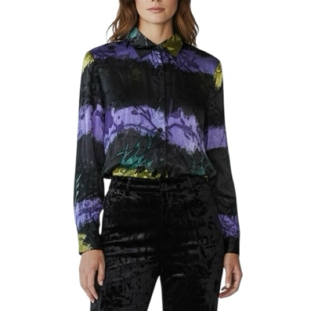 Mirasol Silk Blouse Velvet Burnout Button Down Large Multicolor Abstract Grunge - Picture 2 of 10
